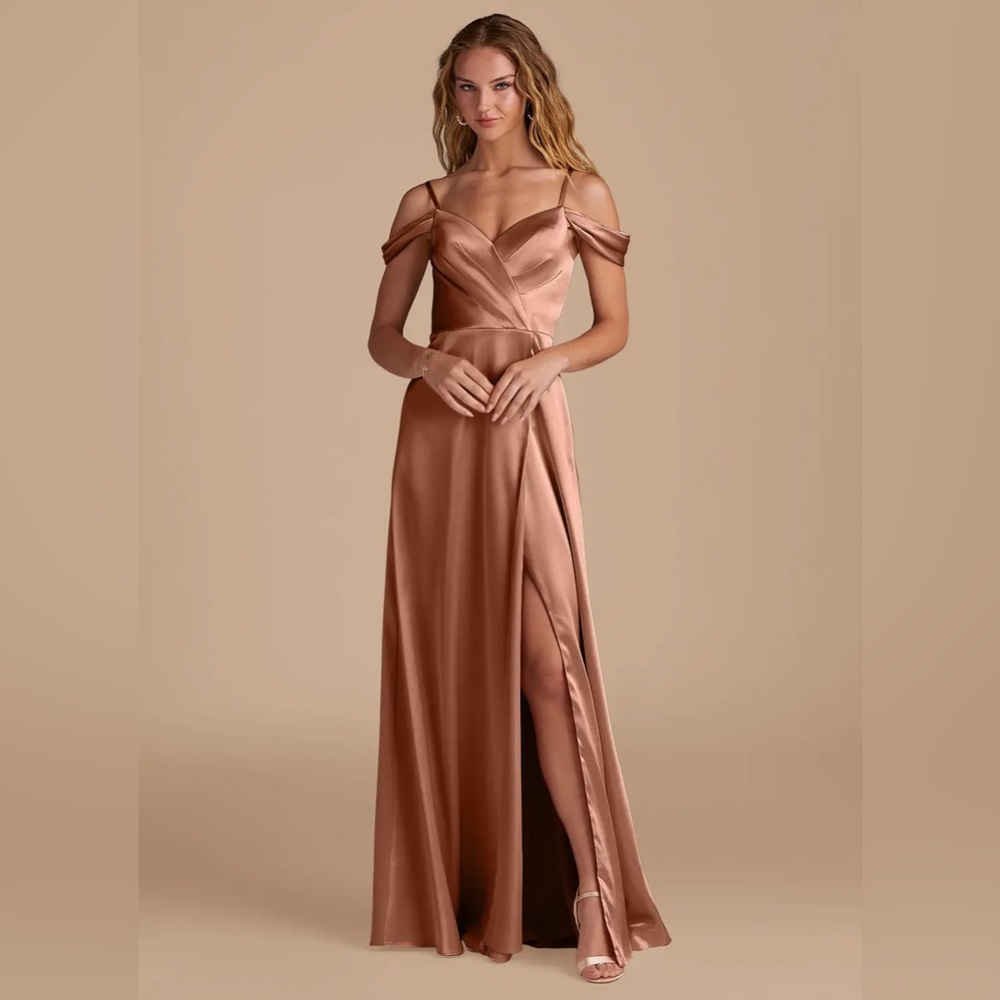 Azazie Ocean Bronzer A-Line Off the Shoulder Metallic Satin Dress Size A20